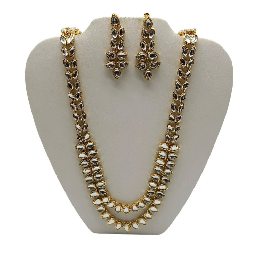 Clear Crystal Double Strand Necklace Set With Earrings Gold Tone Indian Wedding